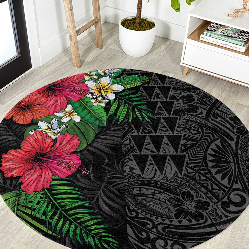Hawaiian Tropical Plants Round Carpet Kakau Tattoo and Polynesian Pattern Half Black Color