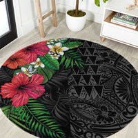 Hawaiian Tropical Plants Round Carpet Kakau Tattoo and Polynesian Pattern Half Black Color