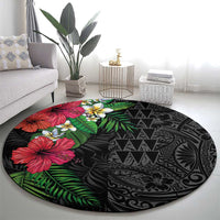Hawaiian Tropical Plants Round Carpet Kakau Tattoo and Polynesian Pattern Half Black Color