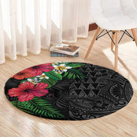 Hawaiian Tropical Plants Round Carpet Kakau Tattoo and Polynesian Pattern Half Black Color
