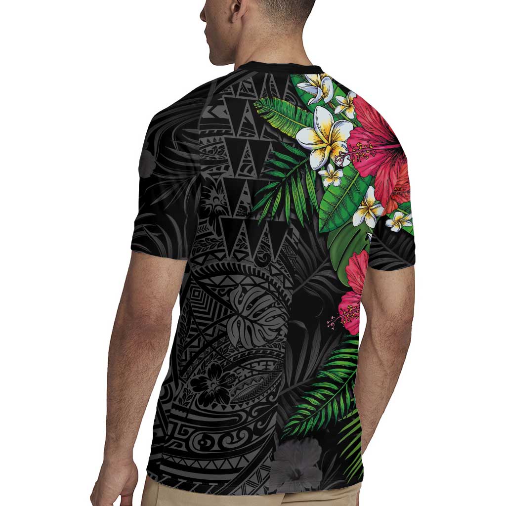Hawaiian Tropical Plants Rugby Jersey Kakau Tattoo and Polynesian Pattern Half Black Color