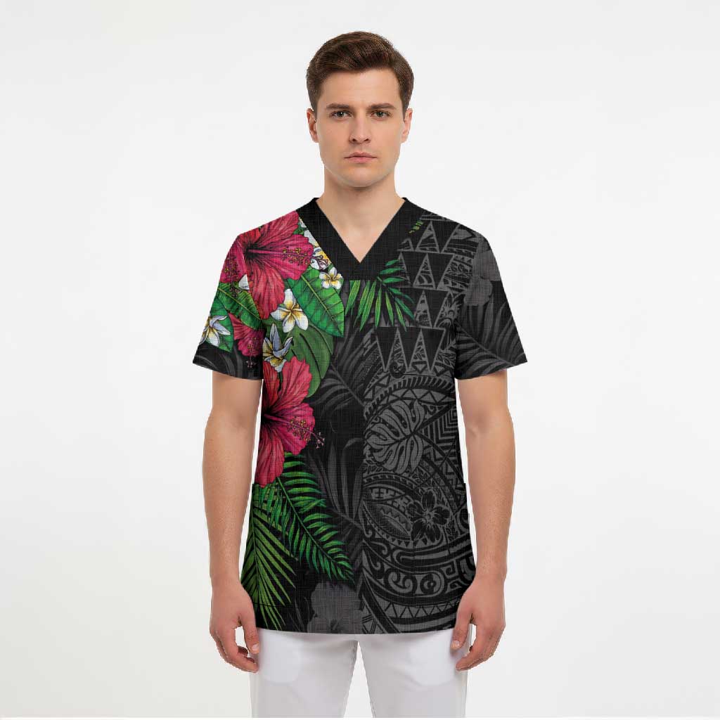Hawaiian Tropical Plants Scrub Top Kakau Tattoo and Polynesian Pattern Half Black Color