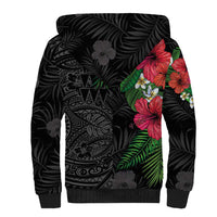 Hawaiian Tropical Plants Sherpa Hoodie Kakau Tattoo and Polynesian Pattern Half Black Color