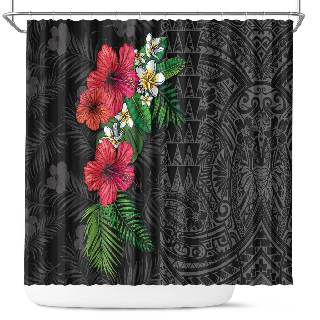 Hawaiian Tropical Plants Shower Curtain Kakau Tattoo and Polynesian Pattern Half Black Color