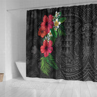 Hawaiian Tropical Plants Shower Curtain Kakau Tattoo and Polynesian Pattern Half Black Color