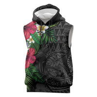 Hawaiian Tropical Plants Sleeveless Hoodie Kakau Tattoo and Polynesian Pattern Half Black Color