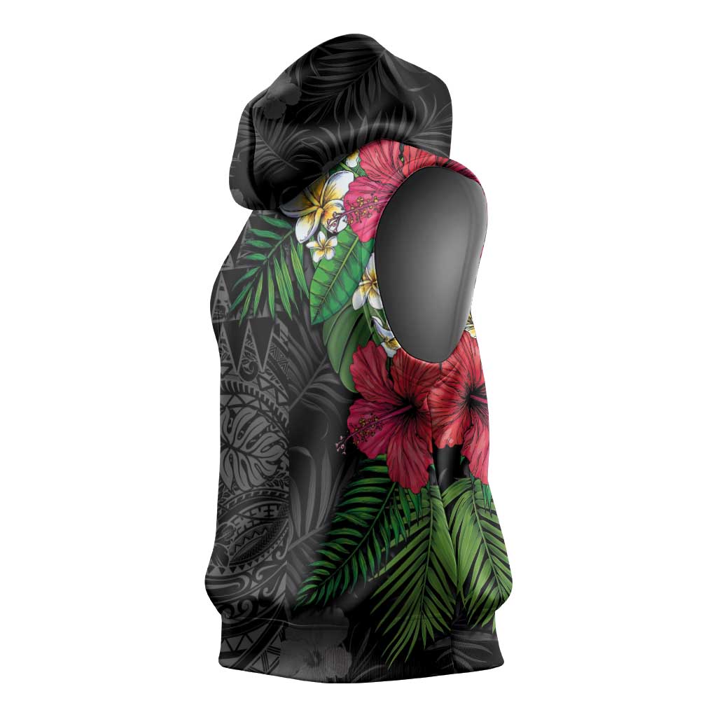 Hawaiian Tropical Plants Sleeveless Hoodie Kakau Tattoo and Polynesian Pattern Half Black Color