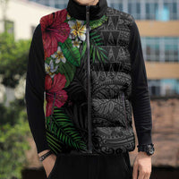 Hawaiian Tropical Plants Sleeveless Puffer Jacket Kakau Tattoo and Polynesian Pattern Half Black Color