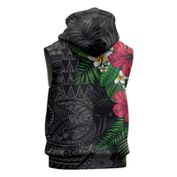 Hawaiian Tropical Plants Sleeveless Zip Hoodie Kakau Tattoo and Polynesian Pattern Half Black Color