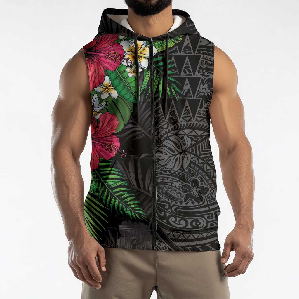 Hawaiian Tropical Plants Sleeveless Zip Hoodie Kakau Tattoo and Polynesian Pattern Half Black Color