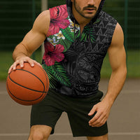 Hawaiian Tropical Plants Sleeveless Zip Hoodie Kakau Tattoo and Polynesian Pattern Half Black Color