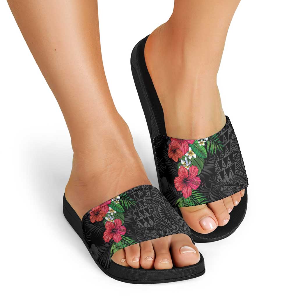 Hawaiian Tropical Plants Slide Sandals Kakau Tattoo and Polynesian Pattern Half Black Color