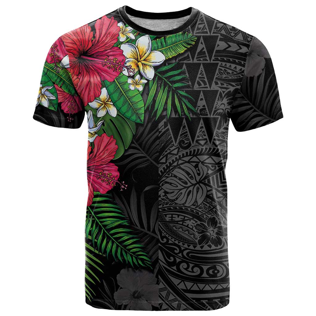 Hawaiian Tropical Plants T Shirt Kakau Tattoo and Polynesian Pattern Half Black Color