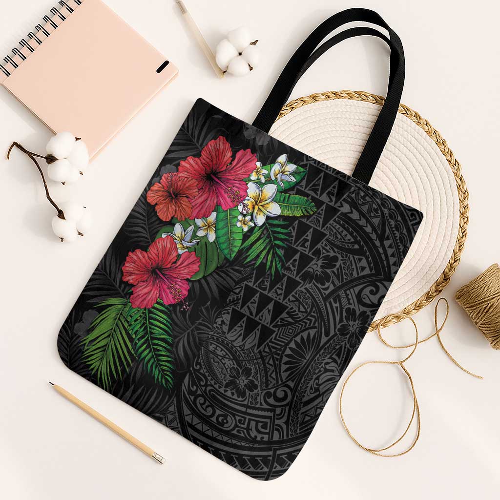 Hawaiian Tropical Plants Tote Bag Kakau Tattoo and Polynesian Pattern Half Black Color