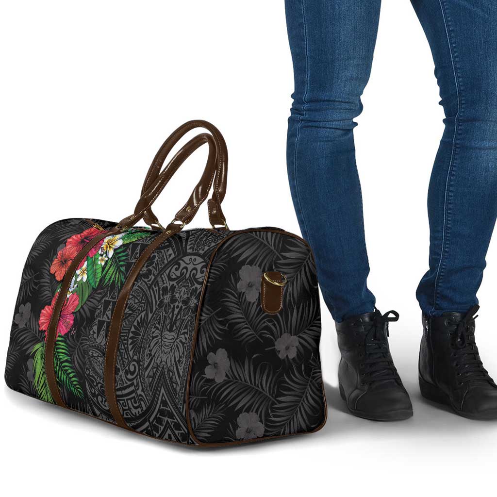 Hawaiian Tropical Plants Travel Bag Kakau Tattoo and Polynesian Pattern Half Black Color
