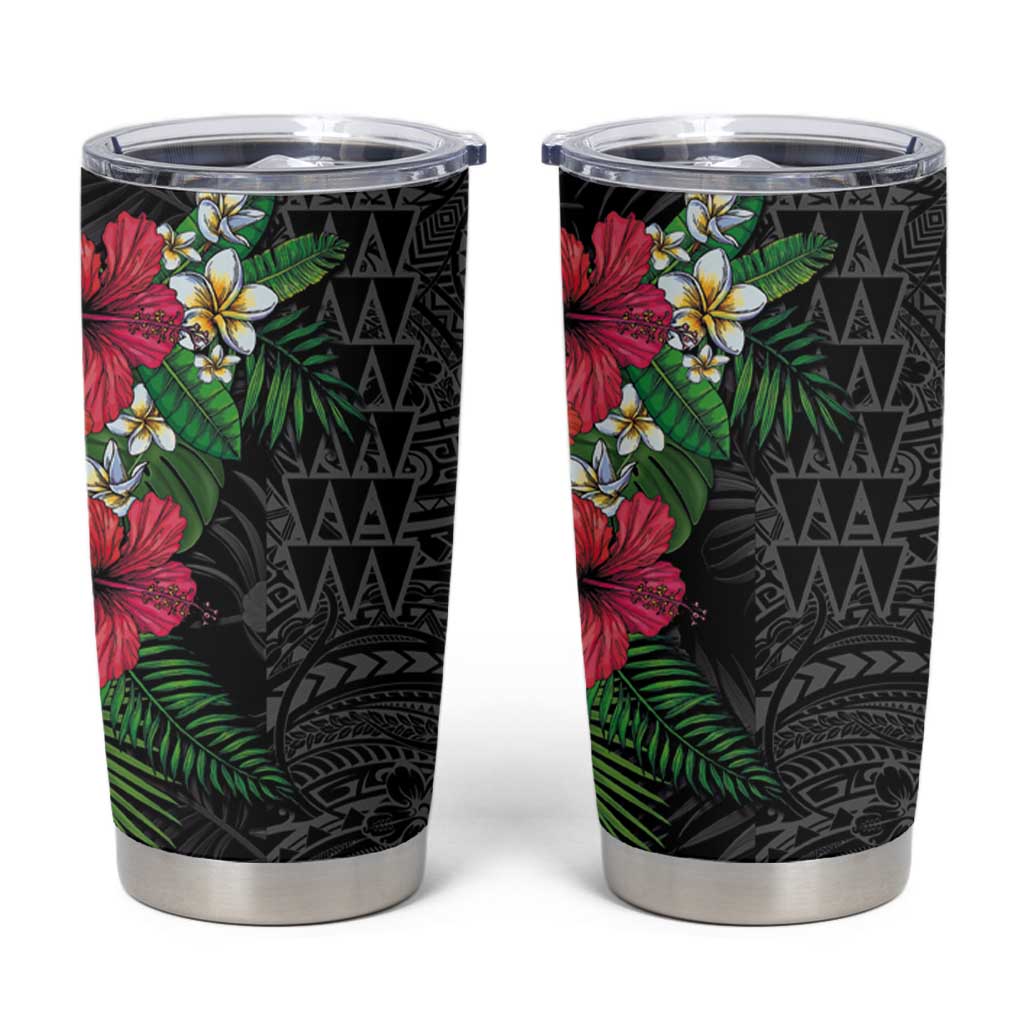 Hawaiian Tropical Plants Tumbler Cup Kakau Tattoo and Polynesian Pattern Half Black Color