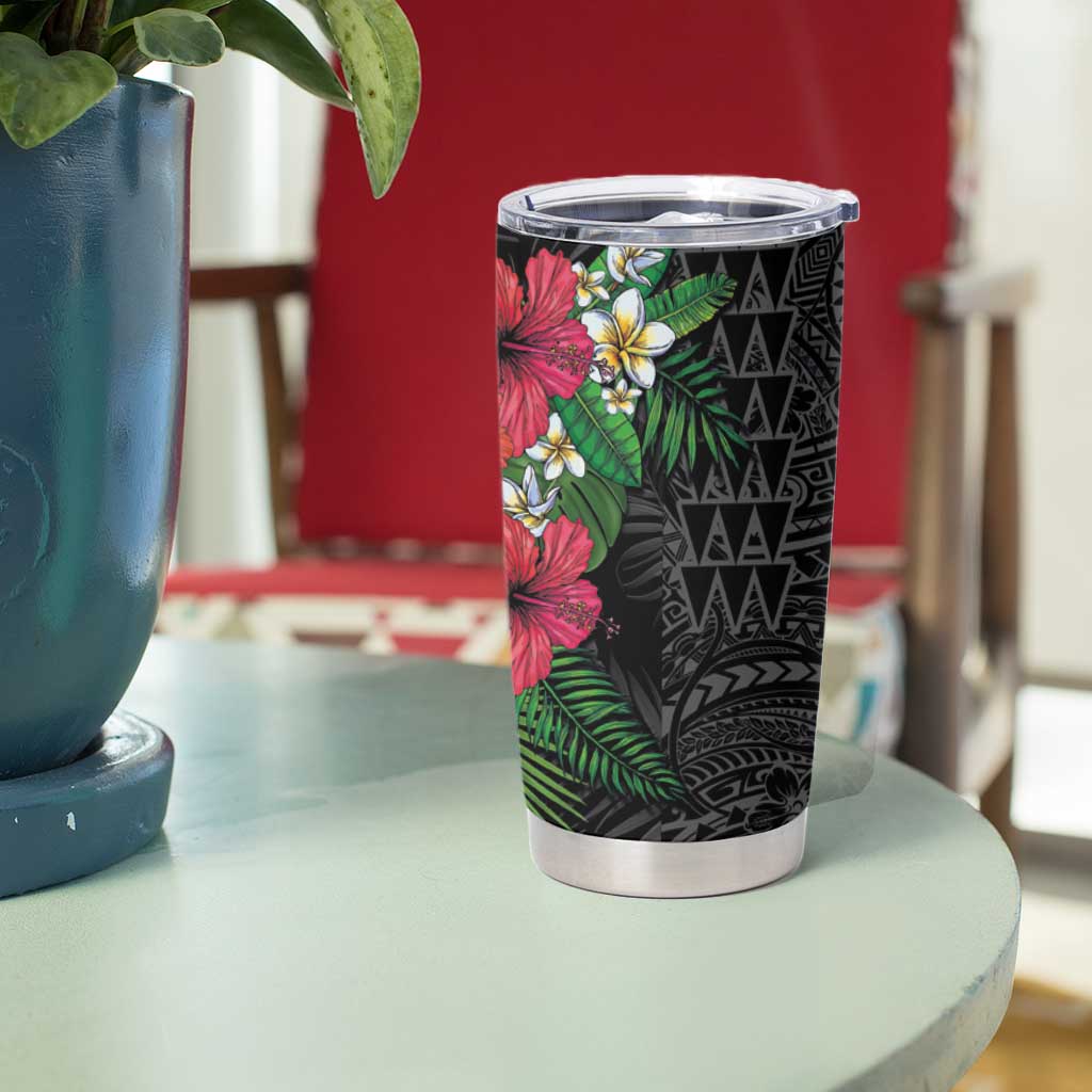 Hawaiian Tropical Plants Tumbler Cup Kakau Tattoo and Polynesian Pattern Half Black Color