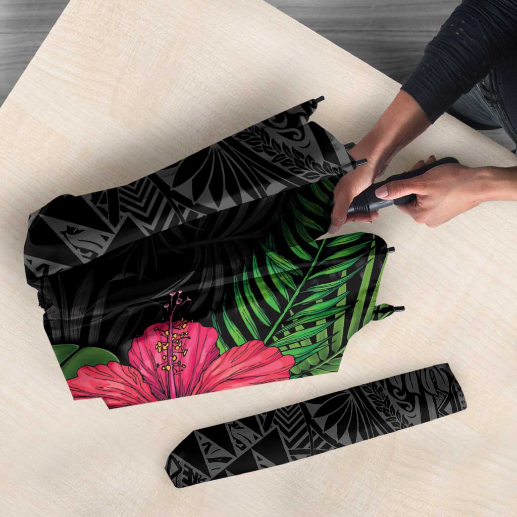 Hawaiian Tropical Plants Umbrella Kakau Tattoo and Polynesian Pattern Half Black Color
