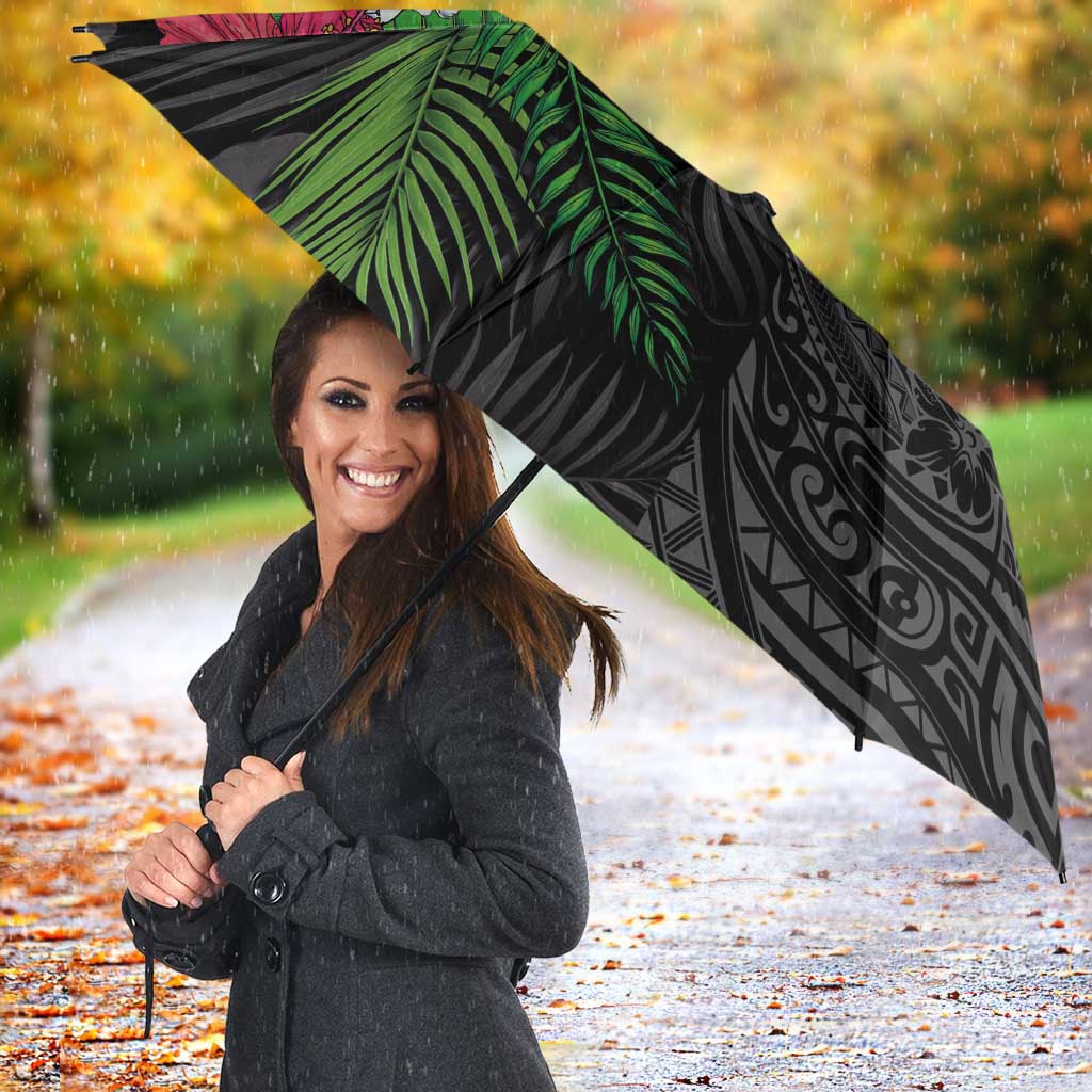 Hawaiian Tropical Plants Umbrella Kakau Tattoo and Polynesian Pattern Half Black Color