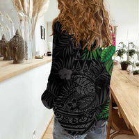 Hawaiian Tropical Plants Women Casual Shirt Kakau Tattoo and Polynesian Pattern Half Black Color