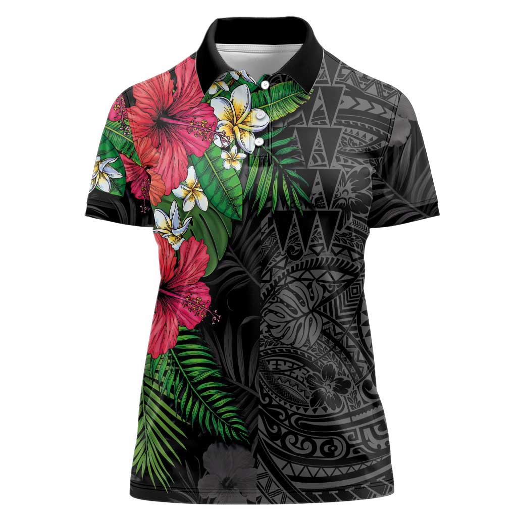 Hawaiian Tropical Plants Women Polo Shirt Kakau Tattoo and Polynesian Pattern Half Black Color