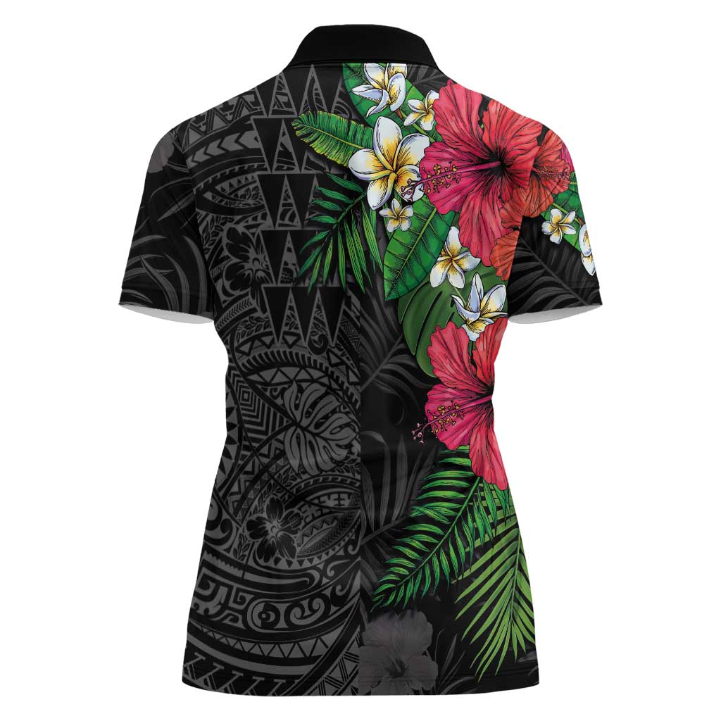 Hawaiian Tropical Plants Women Polo Shirt Kakau Tattoo and Polynesian Pattern Half Black Color