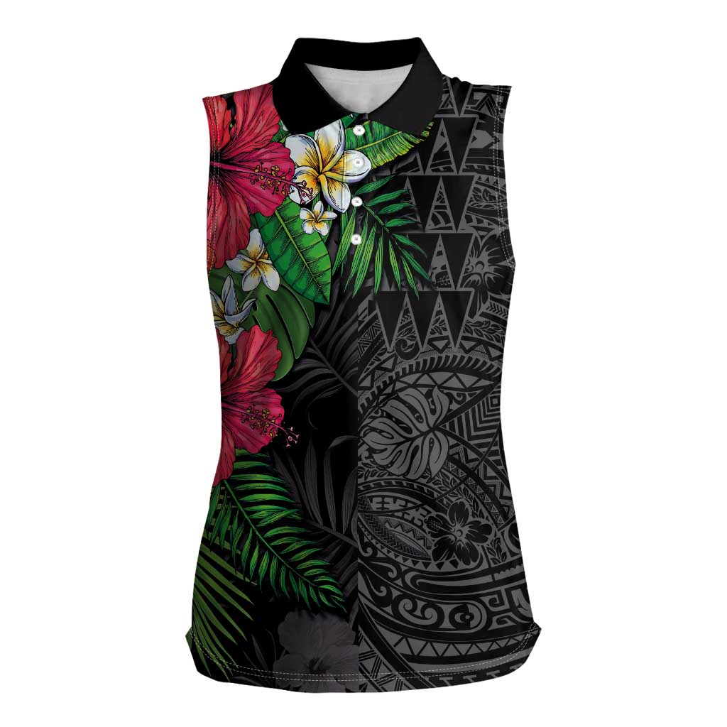 Hawaiian Tropical Plants Women Sleeveless Polo Shirt Kakau Tattoo and Polynesian Pattern Half Black Color