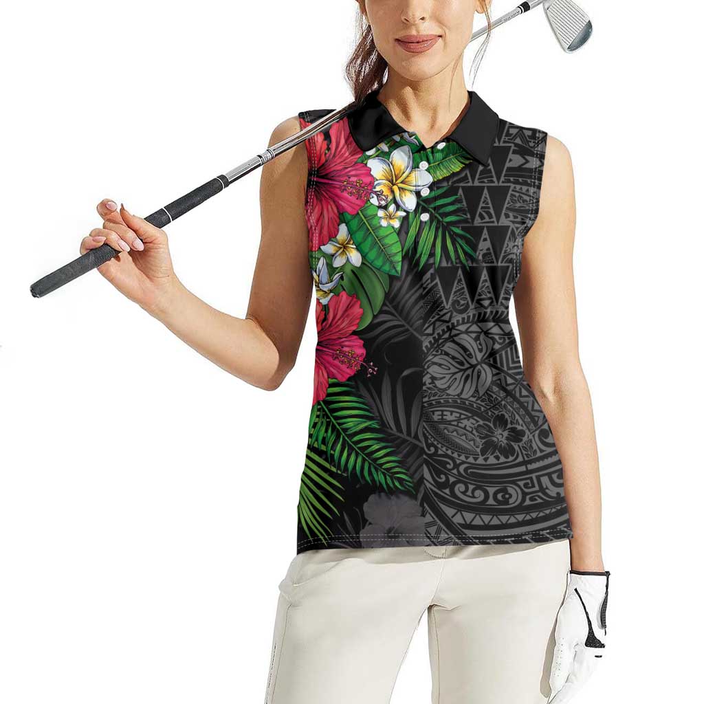 Hawaiian Tropical Plants Women Sleeveless Polo Shirt Kakau Tattoo and Polynesian Pattern Half Black Color