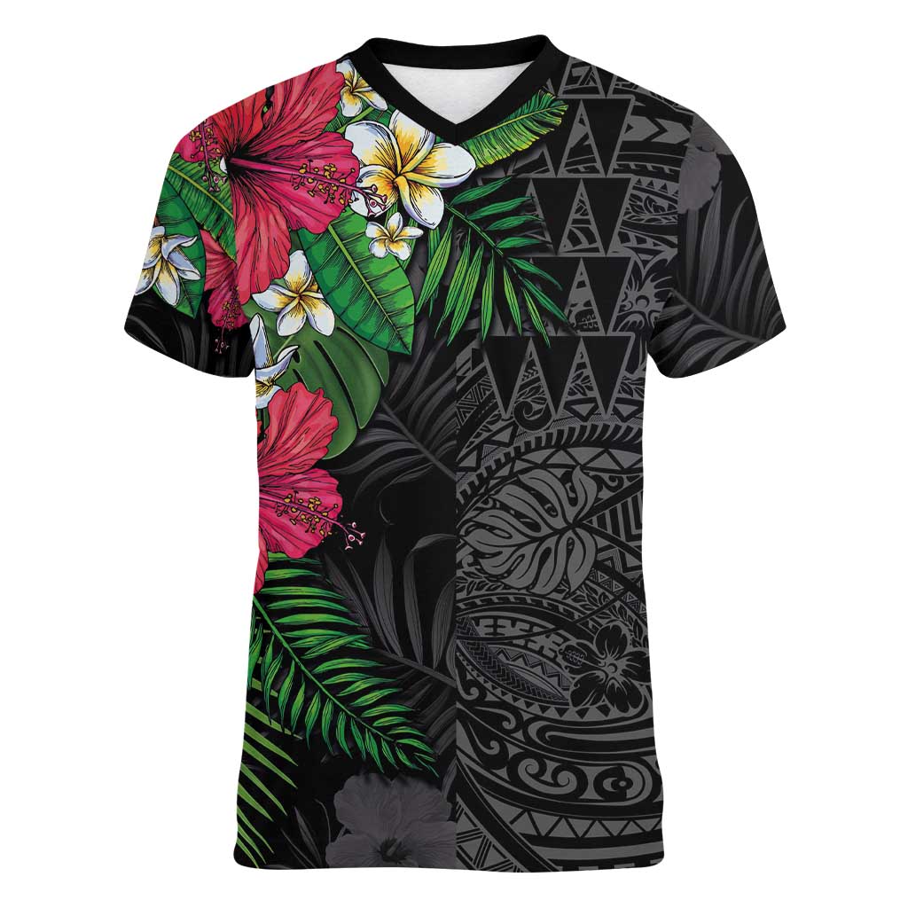 Hawaiian Tropical Plants Women V-Neck T-Shirt Kakau Tattoo and Polynesian Pattern Half Black Color