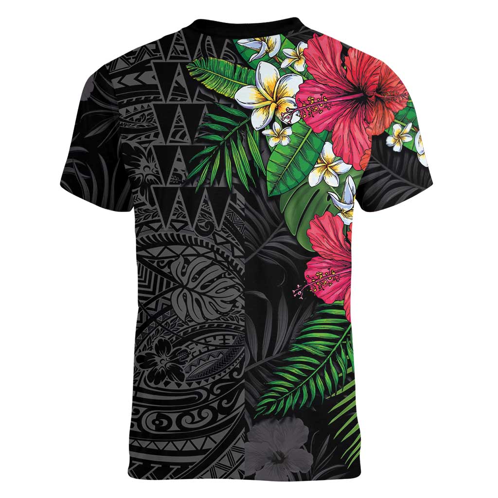 Hawaiian Tropical Plants Women V-Neck T-Shirt Kakau Tattoo and Polynesian Pattern Half Black Color