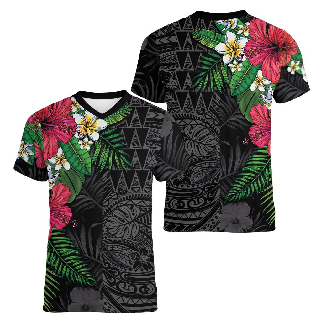 Hawaiian Tropical Plants Women V-Neck T-Shirt Kakau Tattoo and Polynesian Pattern Half Black Color