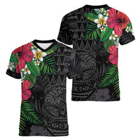 Hawaiian Tropical Plants Women V-Neck T-Shirt Kakau Tattoo and Polynesian Pattern Half Black Color