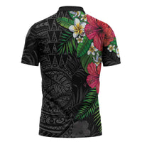 Hawaiian Tropical Plants Zipper Polo Shirt Kakau Tattoo and Polynesian Pattern Half Black Color