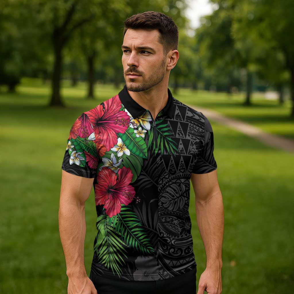 Hawaiian Tropical Plants Zipper Polo Shirt Kakau Tattoo and Polynesian Pattern Half Black Color