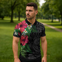 Hawaiian Tropical Plants Zipper Polo Shirt Kakau Tattoo and Polynesian Pattern Half Black Color