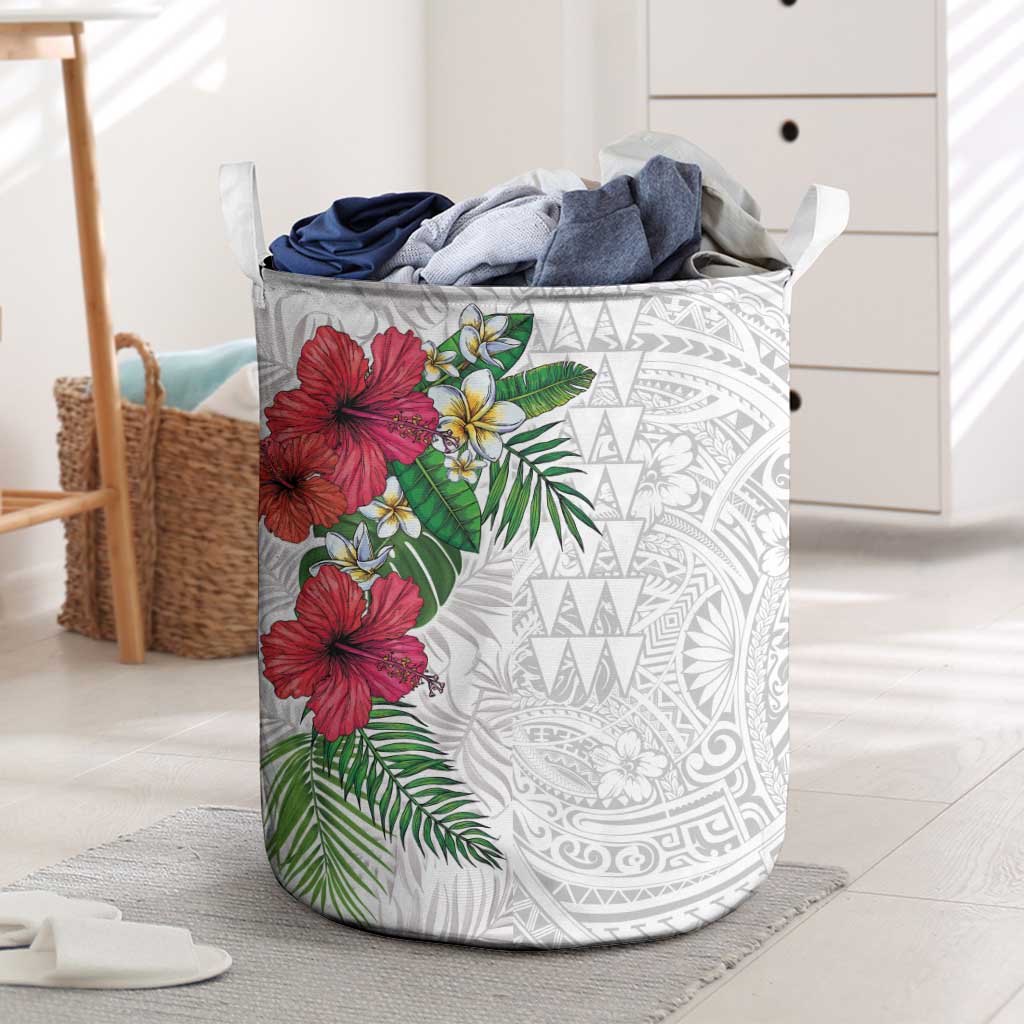 Hawaiian Tropical Plants Laundry Basket Kakau Tattoo and Polynesian Pattern Half White Color