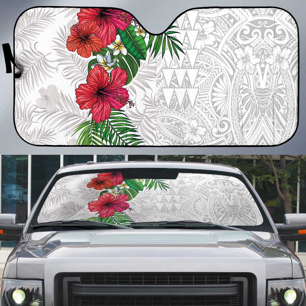 Hawaiian Tropical Plants Auto Sun Shade Kakau Tattoo and Polynesian Pattern Half White Color
