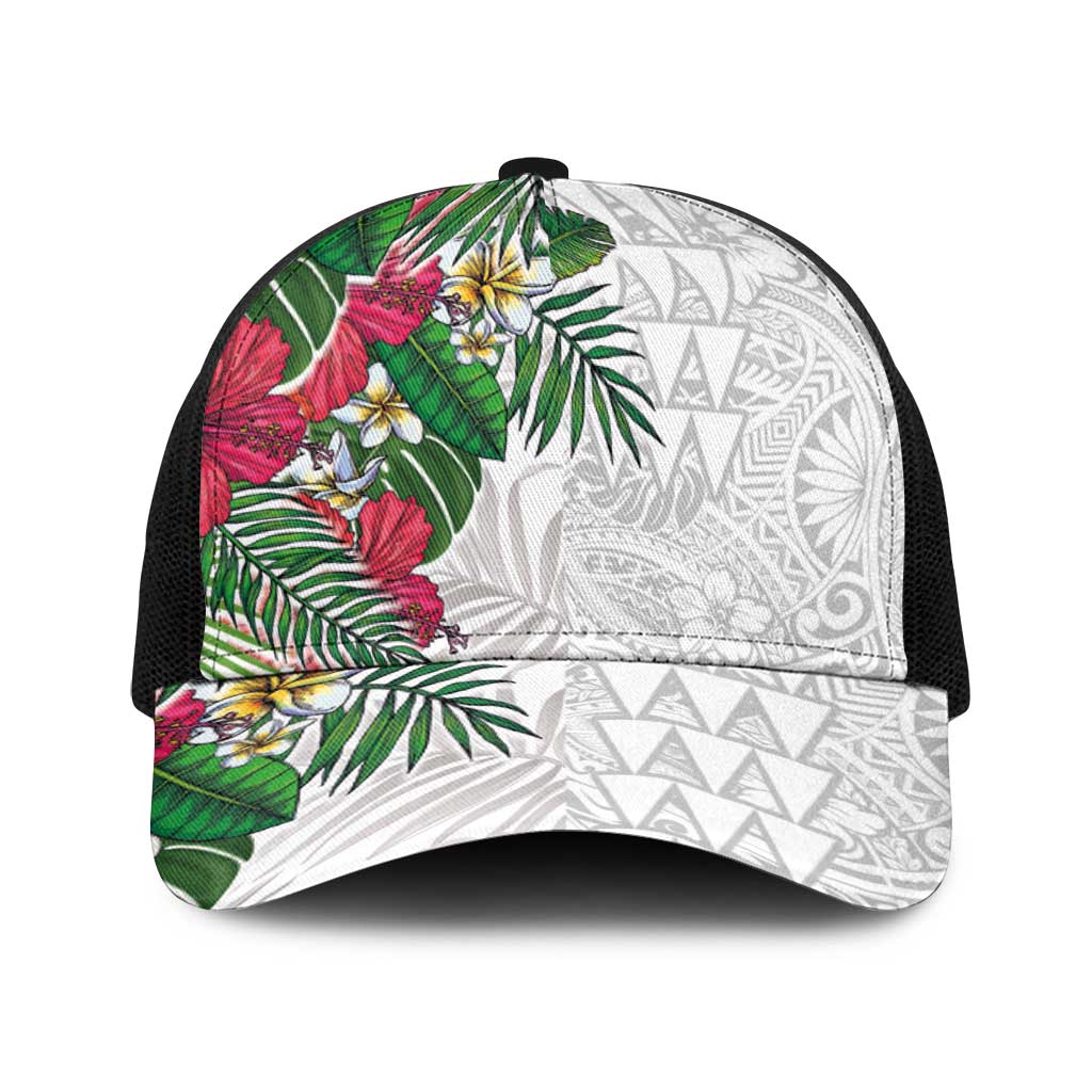 Hawaiian Tropical Plants Baseball Net Cap Kakau Tattoo and Polynesian Pattern Half Black White