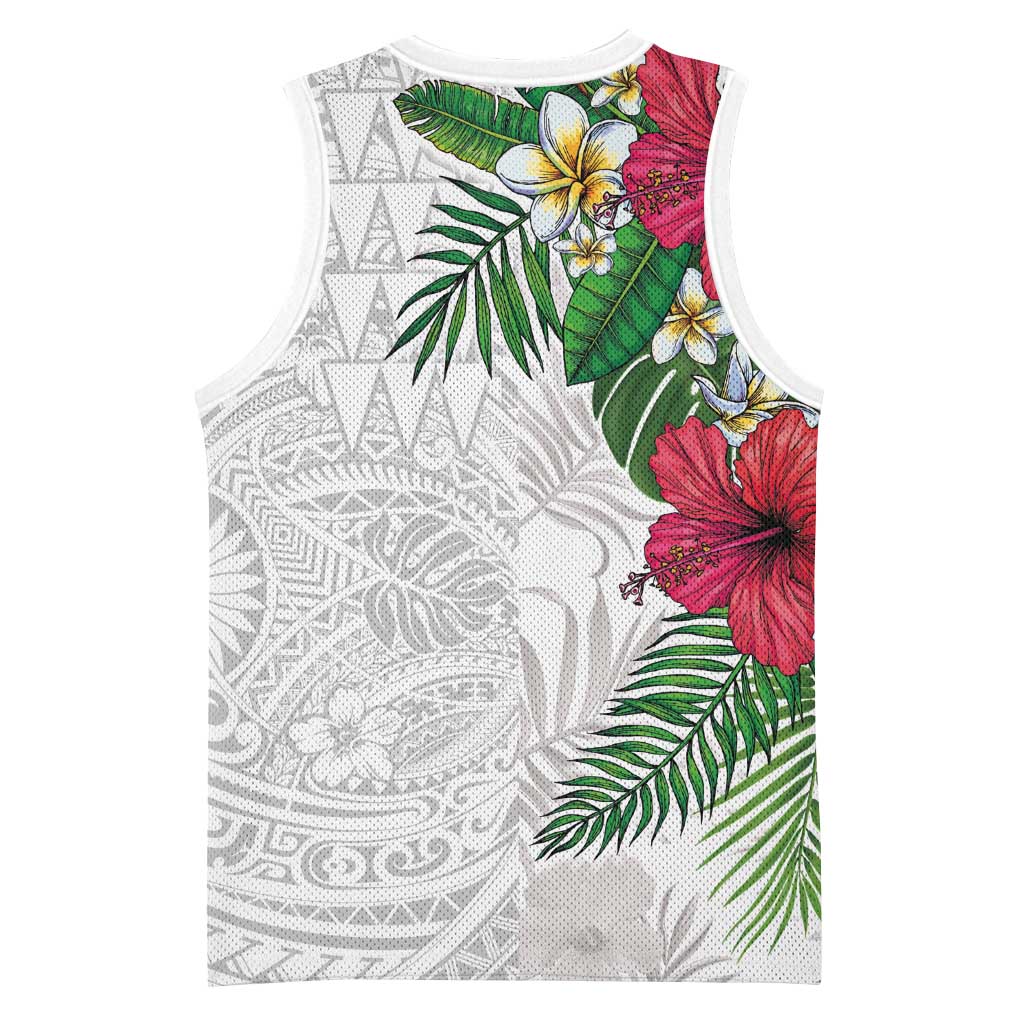 Hawaiian Tropical Plants Basketball Jersey Kakau Tattoo and Polynesian Pattern Half White Color