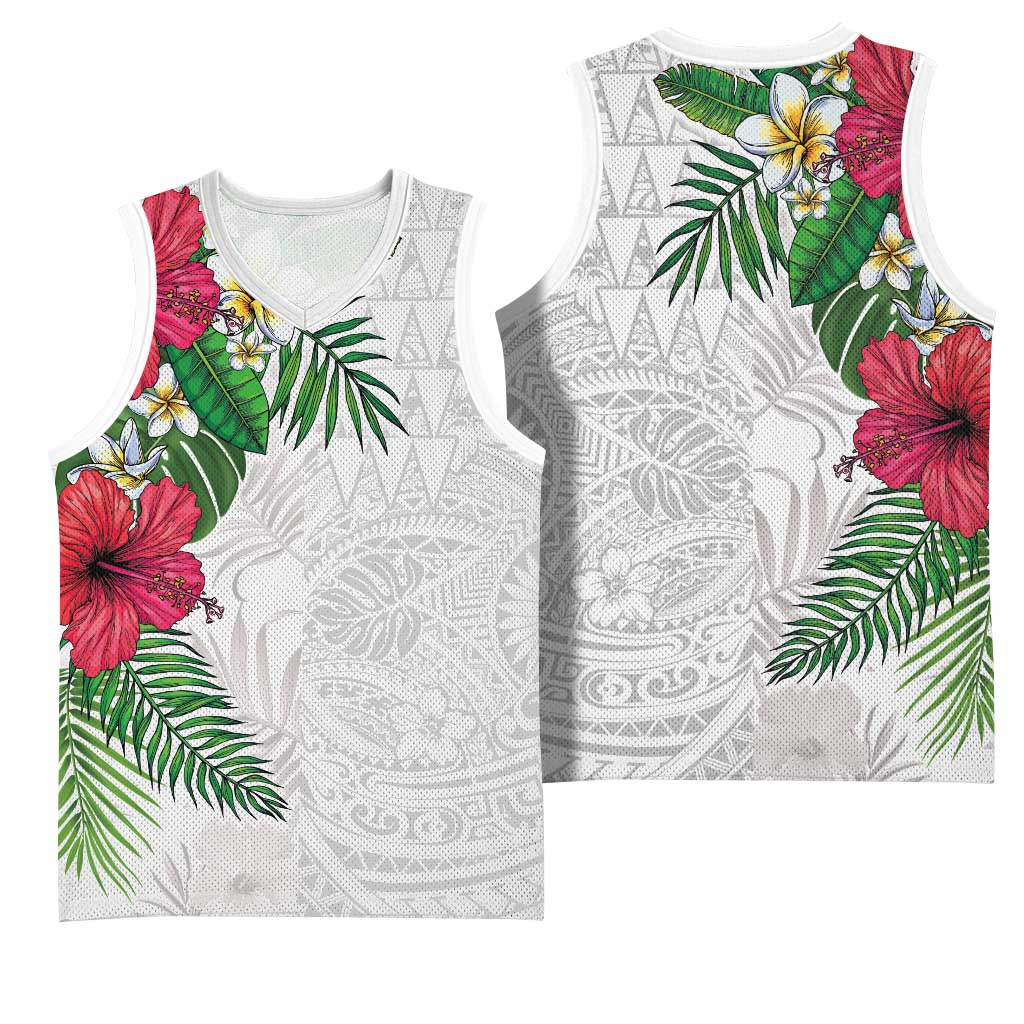 Hawaiian Tropical Plants Basketball Jersey Kakau Tattoo and Polynesian Pattern Half White Color