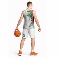 Hawaiian Tropical Plants Basketball Jersey Kakau Tattoo and Polynesian Pattern Half White Color