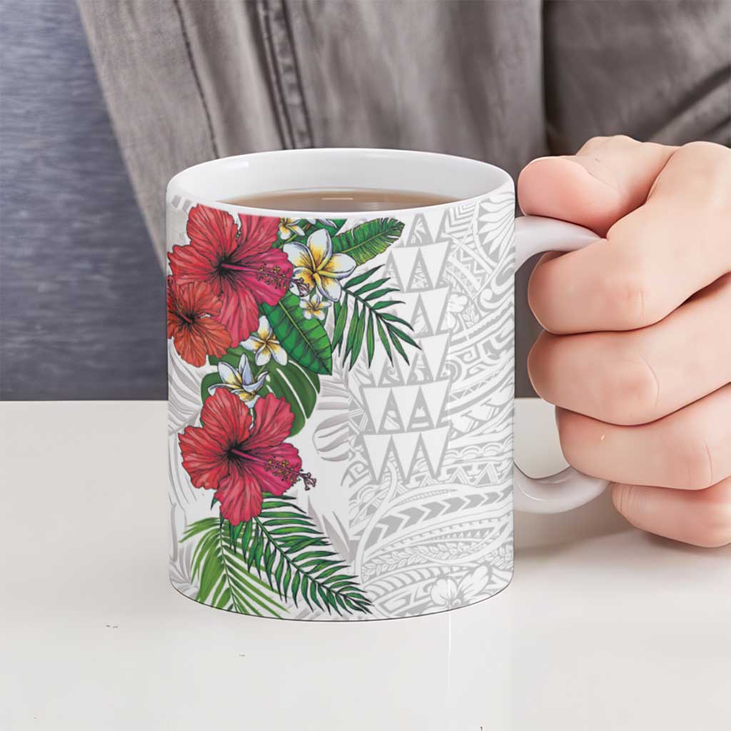 Hawaiian Tropical Plants Ceramic Mug Kakau Tattoo and Polynesian Pattern Half White Color