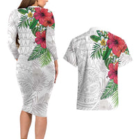 Hawaiian Tropical Plants Couples Matching Long Sleeve Bodycon Dress and Hawaiian Shirt Kakau Tattoo and Polynesian Pattern Half White Color