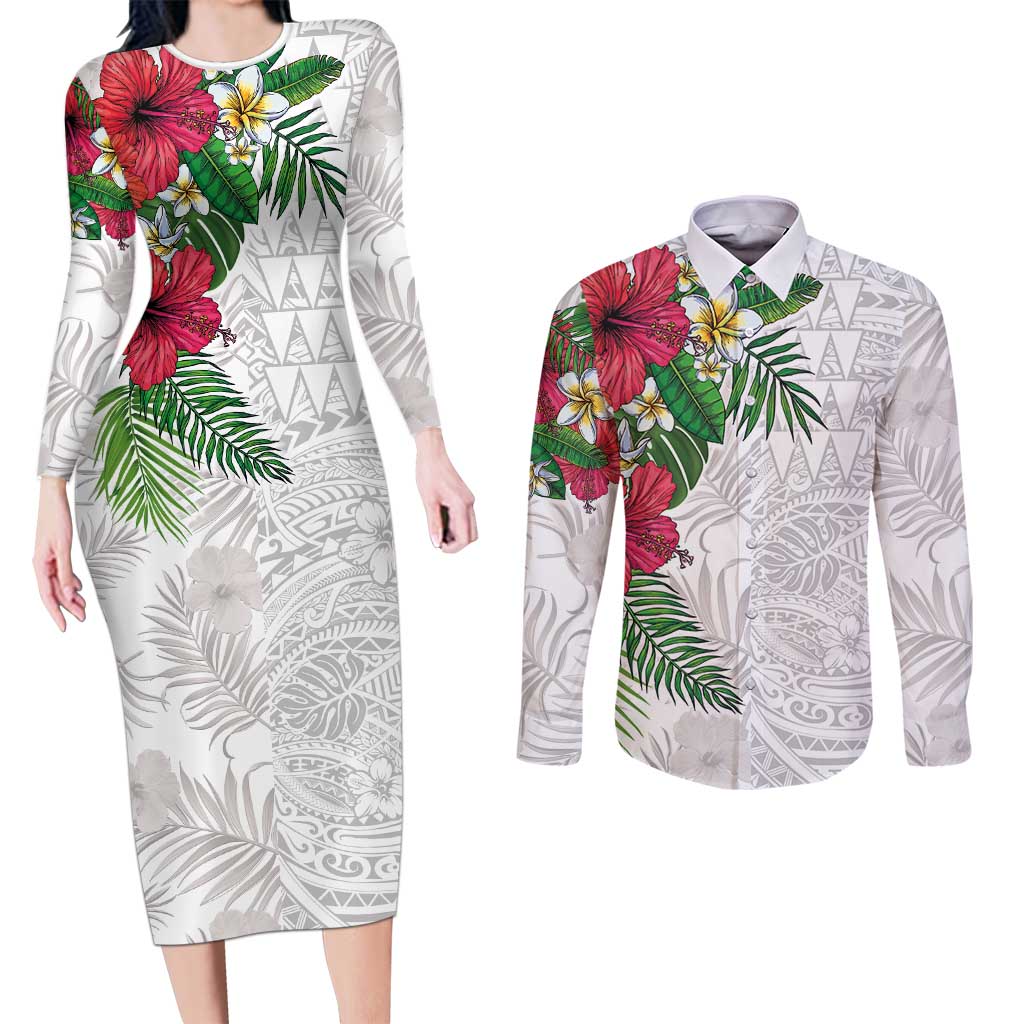 Hawaiian Tropical Plants Couples Matching Long Sleeve Bodycon Dress and Long Sleeve Button Shirt Kakau Tattoo and Polynesian Pattern Half White Color