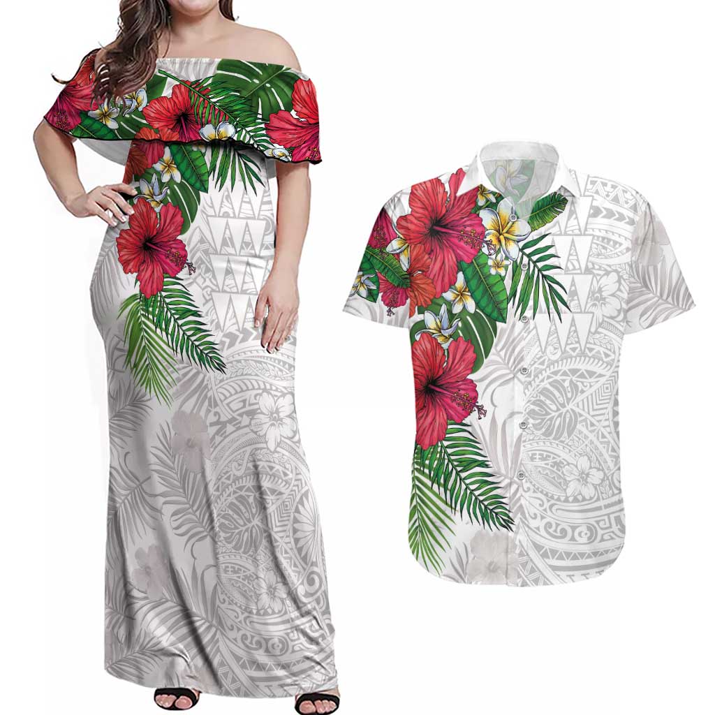 Hawaiian Tropical Plants Couples Matching Off Shoulder Maxi Dress and Hawaiian Shirt Kakau Tattoo and Polynesian Pattern Half White Color