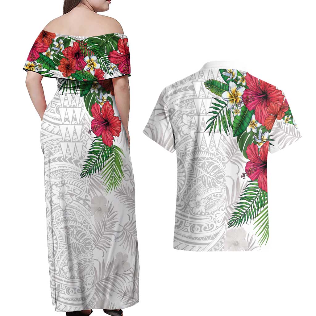 Hawaiian Tropical Plants Couples Matching Off Shoulder Maxi Dress and Hawaiian Shirt Kakau Tattoo and Polynesian Pattern Half White Color
