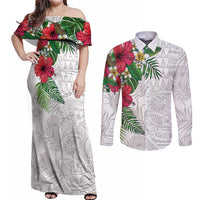 Hawaiian Tropical Plants Couples Matching Off Shoulder Maxi Dress and Long Sleeve Button Shirt Kakau Tattoo and Polynesian Pattern Half White Color