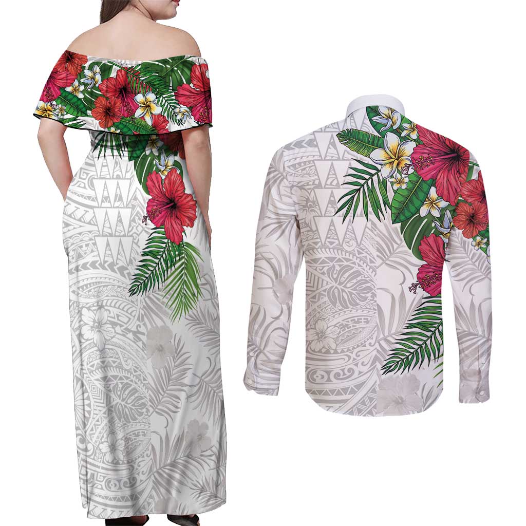 Hawaiian Tropical Plants Couples Matching Off Shoulder Maxi Dress and Long Sleeve Button Shirt Kakau Tattoo and Polynesian Pattern Half White Color