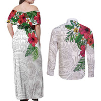Hawaiian Tropical Plants Couples Matching Off Shoulder Maxi Dress and Long Sleeve Button Shirt Kakau Tattoo and Polynesian Pattern Half White Color
