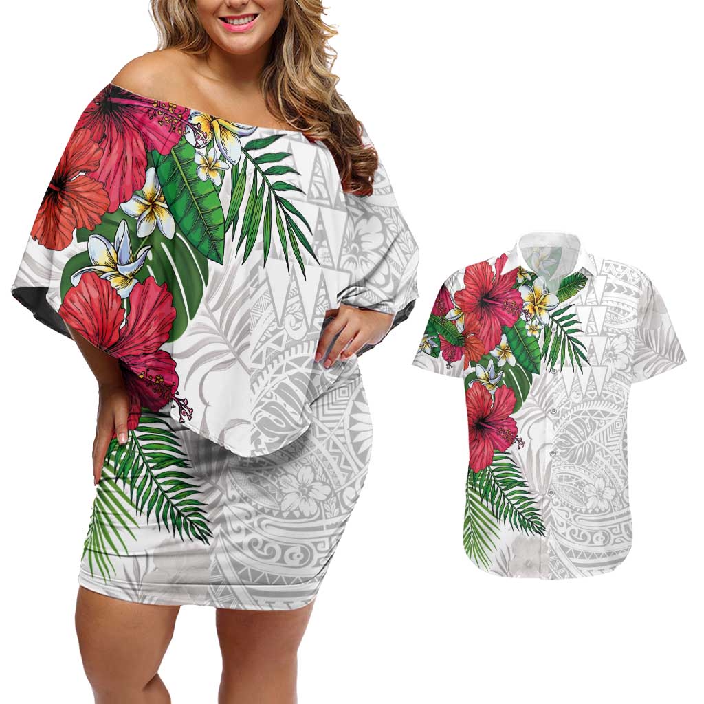 Hawaiian Tropical Plants Couples Matching Off Shoulder Short Dress and Hawaiian Shirt Kakau Tattoo and Polynesian Pattern Half White Color